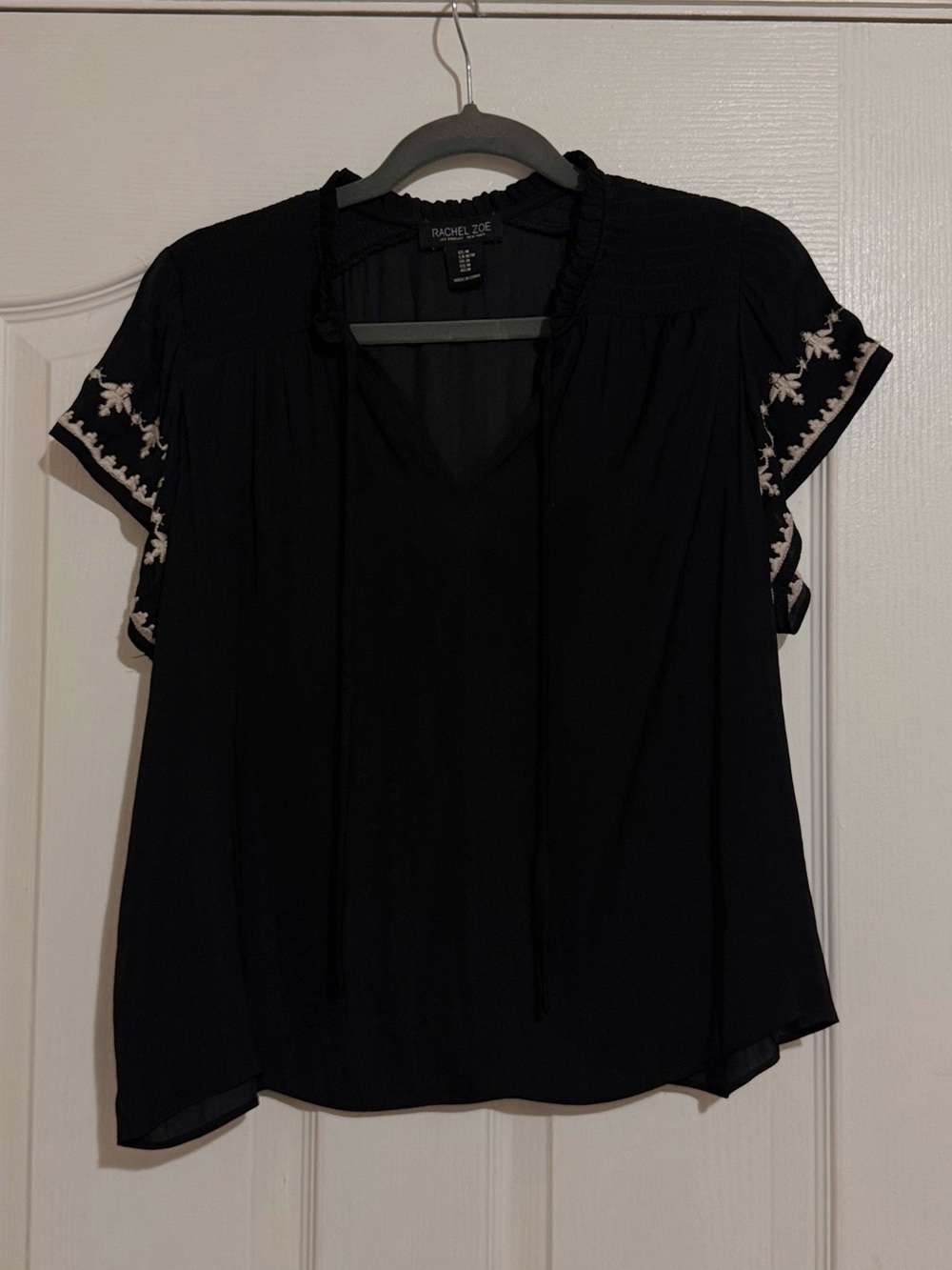 Rachel Zoe Black Short-Sleeve V-Neck Blouse with Cream Embroidery